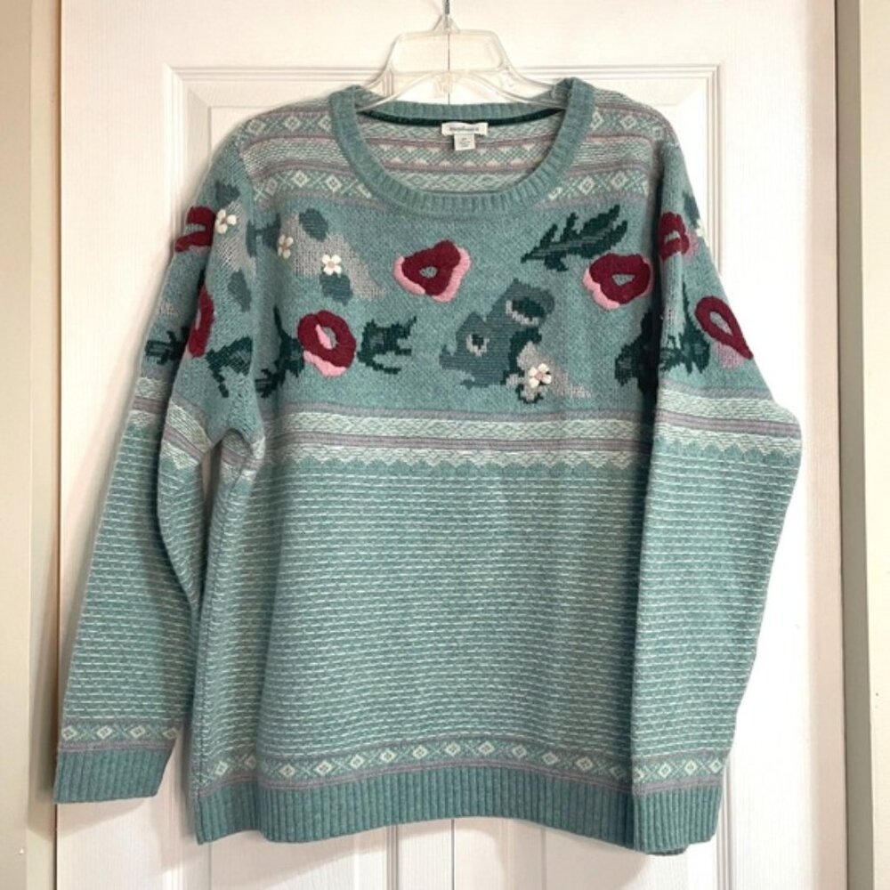 Sundance Women's XL Wool Botanic Aqua Floral Embroidered Knit Crew Neck Sweater